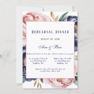 Blush and Navy Blue Peony Probe Dinner Einladung