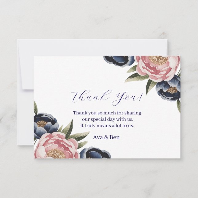 Blush and Navy Blue Peony Wedding Dankeskarte (Vorderseite)