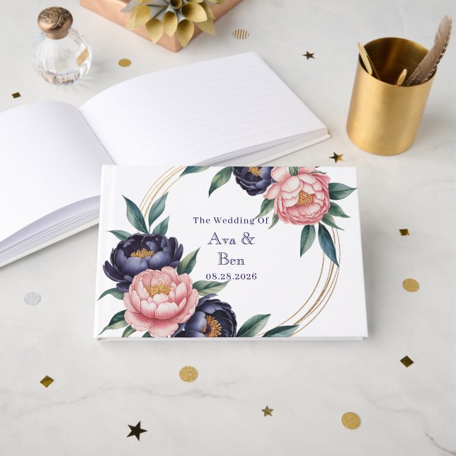 Blush and Navy Blue Wedding Gästebuch (Vorderseite Offen)