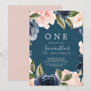 Blush and Navy Blume Blue Wreath Erster Geburtstag Einladung