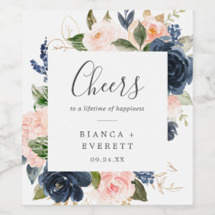 Blush and Navy Blume Cheats Hochzeitweinetiketten Weinetikett