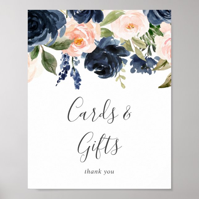 Blush and Navy Blume Weißkarten und Geschenkzeiche Poster (Vorne)