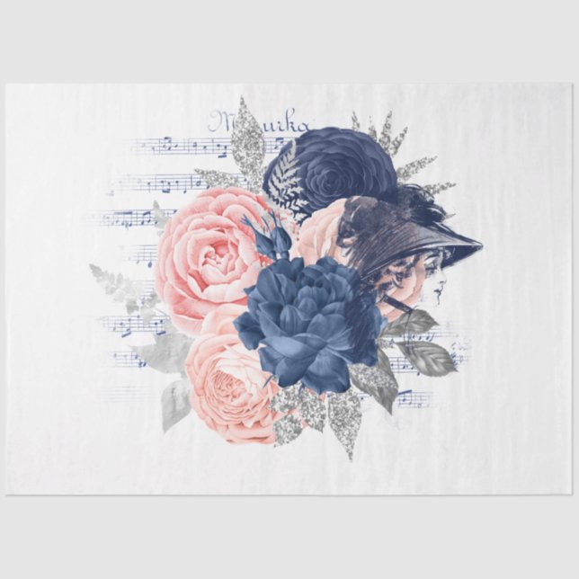 Blush and Navy Floral Ephemera Serie Design 8 Seidenpapier (Vorderseite)