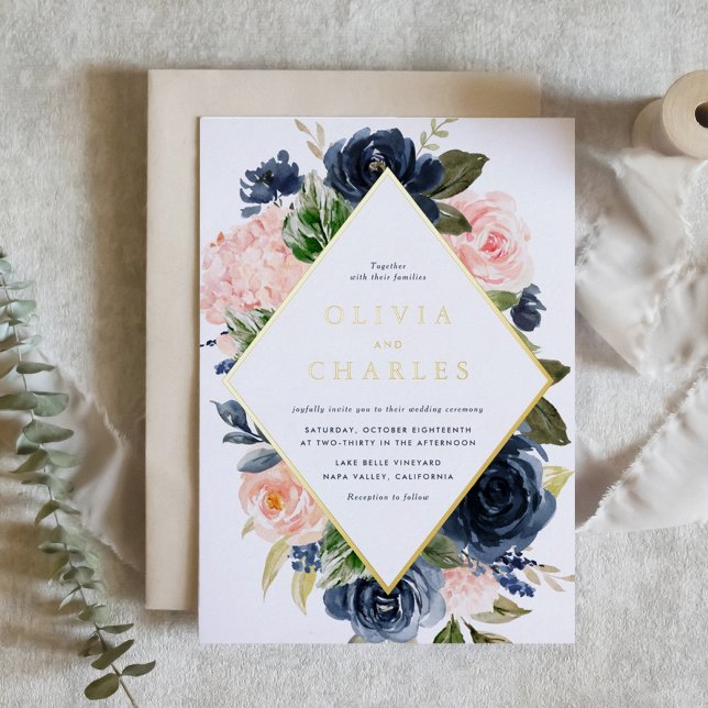 Blush and Navy Floral Frame QR Code Hochzeit Folieneinladung (Watercolor Blush and Navy Blue Floral Frame Wedding Foil Invitation)