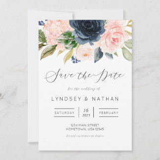 Blush and Navy Floral Wedding Save the Date Einladung