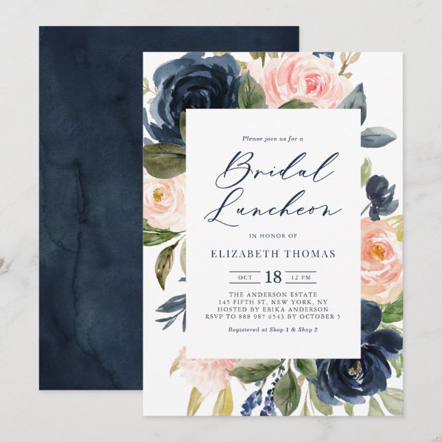 Blush and Navy Wasserfarbe Blumenbridal Luncheon Einladung (Vorne/Hinten)