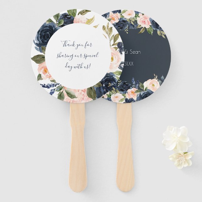 Blush and Navy Wedding Fans Hochzeit Hand Fan Fächer (Vorne und Hinten)