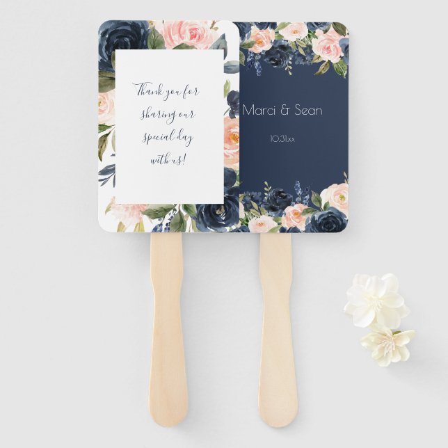 Blush and Navy Wedding Hand Fans Fächer (Vorne und Hinten)