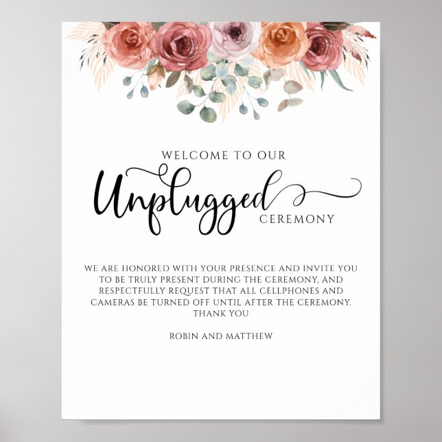 Blush and Peach Floral, Unplugony Zeremony Sign Poster (Vorne)