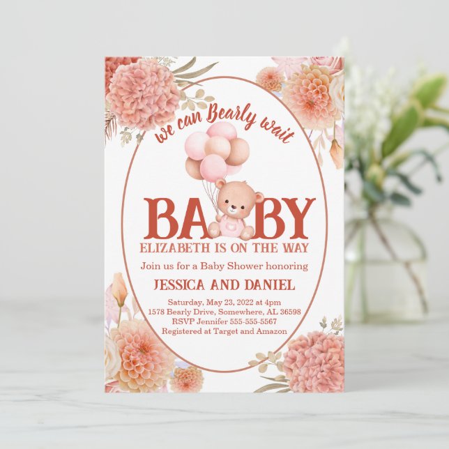 Blush and Pink Bear Baby Dusche Einladung (Stehend Vorderseite)