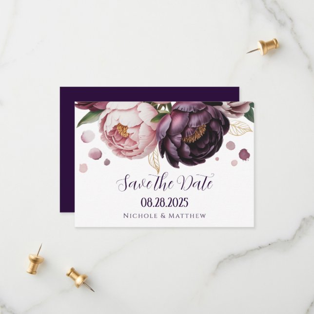 Blush and Plum Peony Floral Wedding Save The Date (Vorderseite/Rückseite Beispiel)