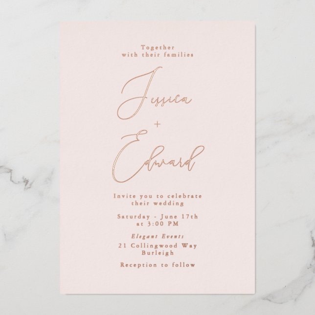 Blush and Rose Gold Foil Einladung zur Hochzeit (Vorderseite)