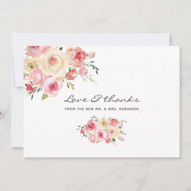 Blush and Sage Green Watercolor Blues Hochzeit Dankeskarte (Vorderseite)
