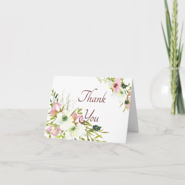 Blush and white watercolor floral danke Karte (Vorderseite)