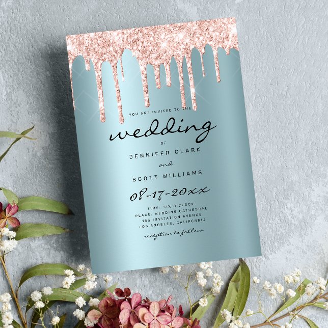 Blush aquamarine Rose Gold Glitzer Tropfen Drehbuc Einladung (Blush teal rose gold glitter drips script wedding)