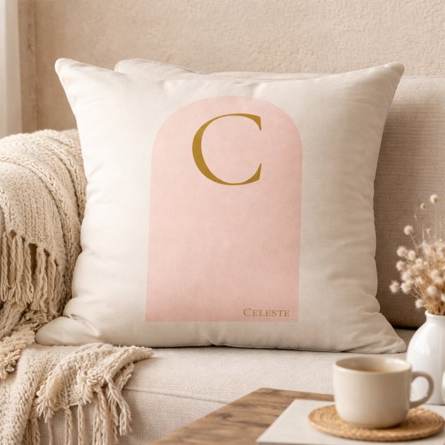 Blush Arch Monogram Throw Pillow Kissen (Soft ivory meets blush arch detail, finished with a gold serif monogram for refined neutral living.)
