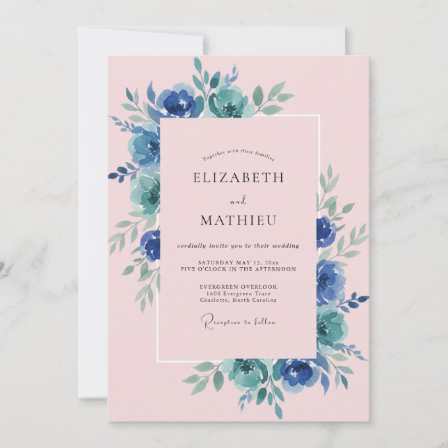 Blush Azure Petal Hochzeit Einladung (Vorderseite)