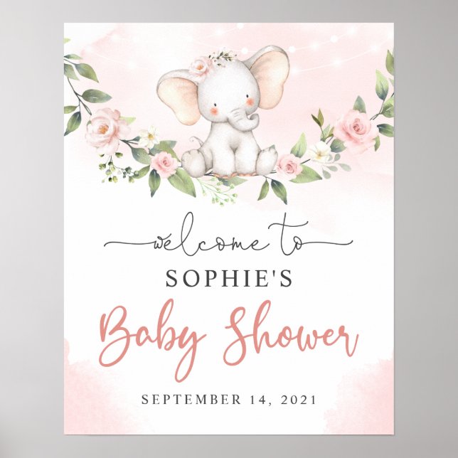 Blush Baby Elephant Girl Baby Dusche Begrüßungszei Poster (Vorne)