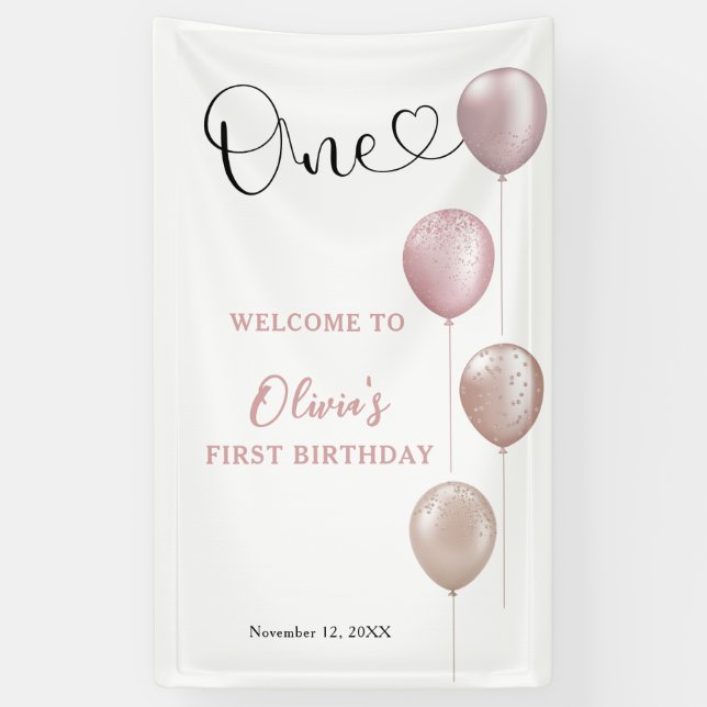 Blush Balloons Girl Erster Geburtstag Willkommen Banner (Vertikal)