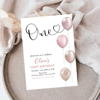 Blush Balloons Girl zum ersten Geburtstag Einladung