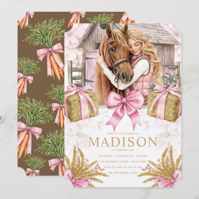 Blush Barn Horse Birthday Invitation with Girl Einladung (Vorne/Hinten)