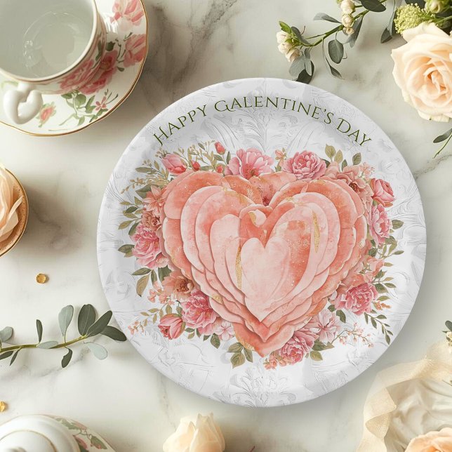 Blush Baroque Rococo Floral Heart Galentine   Pappteller (Von Creator hochgeladen)