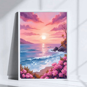 Blush Beach Bay   Ozean Sonnenuntergang Rosa Aquar Poster