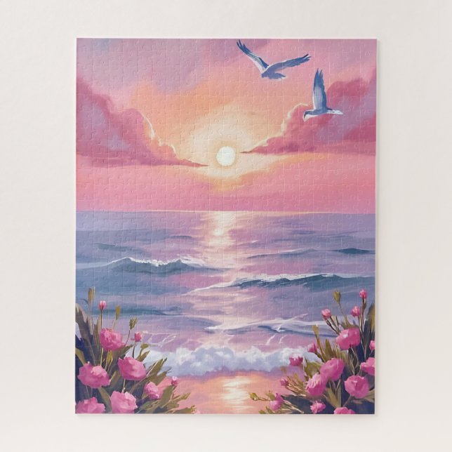 Blush Beach | Pink Ocean Sunset Coastal Watercolor Puzzle (Vertikal)