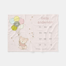 Blush Bear Balloon Girly Monogram Baby Milestone