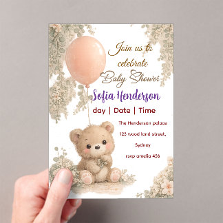 Blush Bear Soft Water colour floral baby shower Acryleinladungen