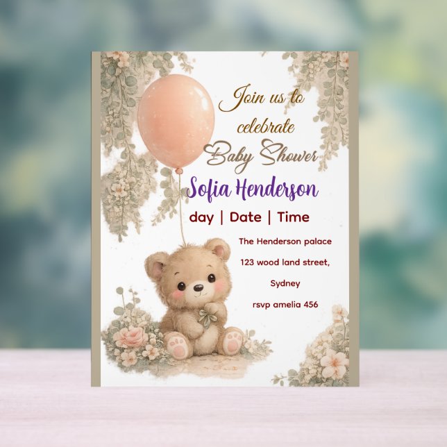 Blush  Bear Soft Water colour floral baby shower Acrylschild (Neutral)