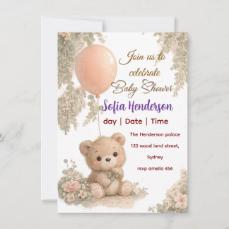 Blush Bear Soft Water colour floral baby shower Einladung