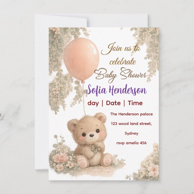 Blush  Bear Soft Water colour floral baby shower Einladung (Vorderseite)