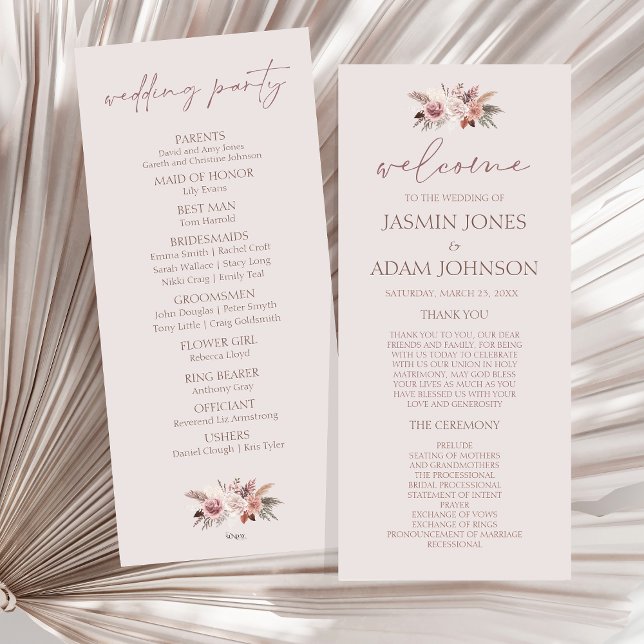 Blush Beige Pampas Floral Boho Hochzeitsprogramm (Boho Dusty Pink Dried Flowers Wedding Program)