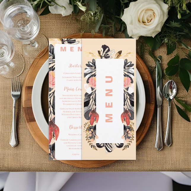 Blush & Black Floral Hochzeitsempfehlung Abendmenü Menükarte (Blush & Black Floral Wedding Reception Dinner Menu)
