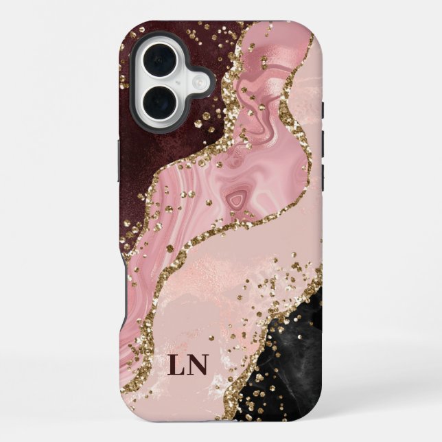 Blush Black Glitzer Agate Monogram iPhone Hülle (Rückseite)
