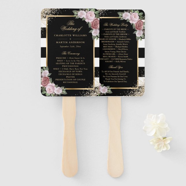 Blush Black Gold Confetti Floral Wedding Program Fächer (Vorne und Hinten)