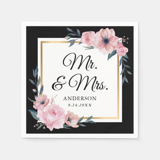 Blush Black Gold Floral Mr. & Mrs. Wedding Serviette (Vorderseite)