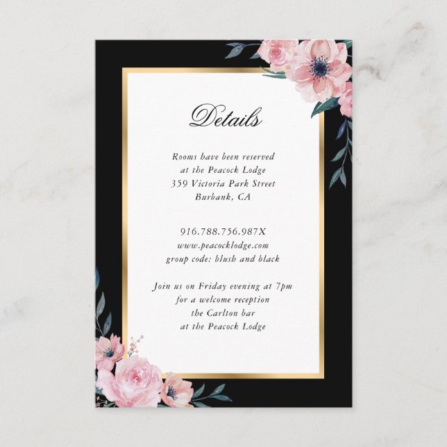 Blush Black Gold Floral Wedding Begleitkarte (Vorderseite)