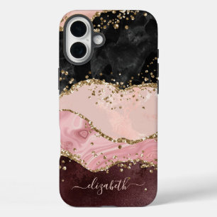 Blush Black Gold Glitzer Agate Name Script iPhone 16 Plus Hülle