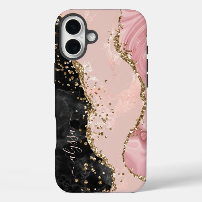 Blush Black Gold Glitzer Agate Name Script Case-Mate iPhone Hülle (Rückseite)