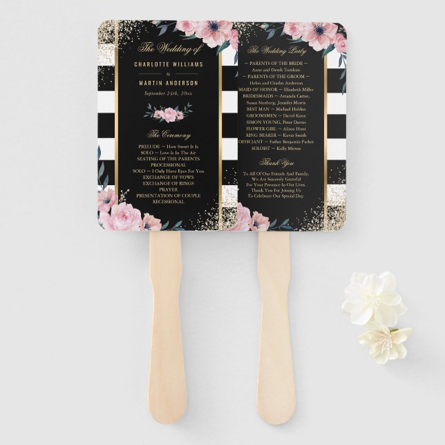 Blush Black Gold Glitzer Floral Wedding Program Fächer (Vorne und Hinten)