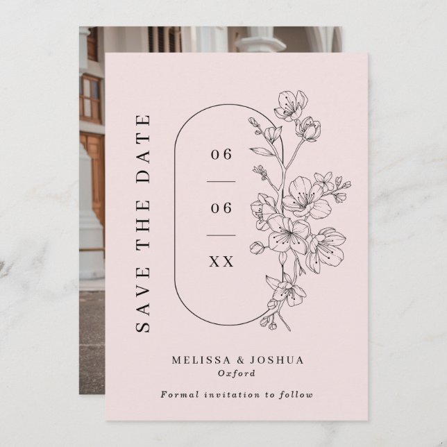 Blush & Black Line Gezeichnet blumengeschmückte Fo Save The Date (Vorne/Hinten)