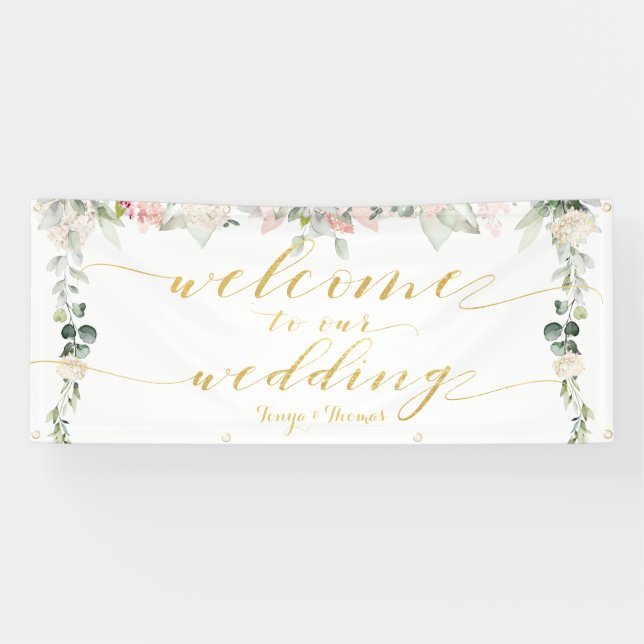 Blush Blooms Extravagante Gold-Kalligrafie Willkom Banner (Horizontal)