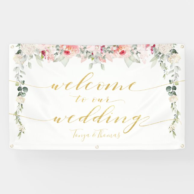 Blush Blooms Extravagante Gold-Kalligrafie Willkom Banner (Horizontal)