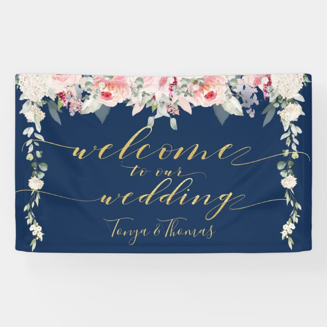 Blush Blooms Extravagante Gold-Kalligrafie Willkom Banner (Horizontal)