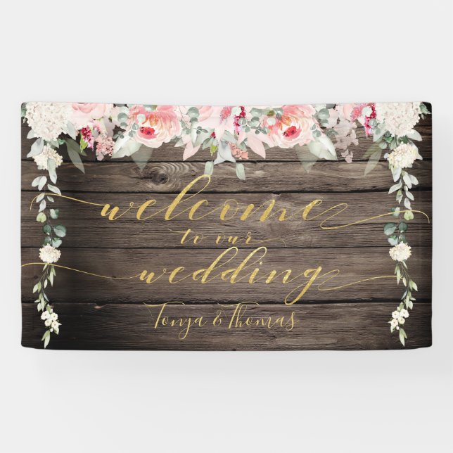 Blush Blooms Extravagante Gold Kalligraphie Holz W Banner (Horizontal)