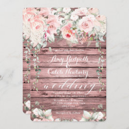 Blush & Blooms Wedding Rose Wood Rustic Barboard Einladung