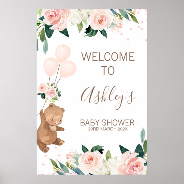 Blush Bloral Bear Balloon Baby Dusche Begrüßungsze Poster (Vorne)