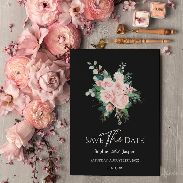 Blush Bloral Black Wedding Save the Date Card (Von Creator hochgeladen)